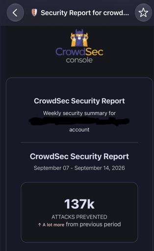 A screenshot of an email from Crowdsec saying they blocked 137k bots last week