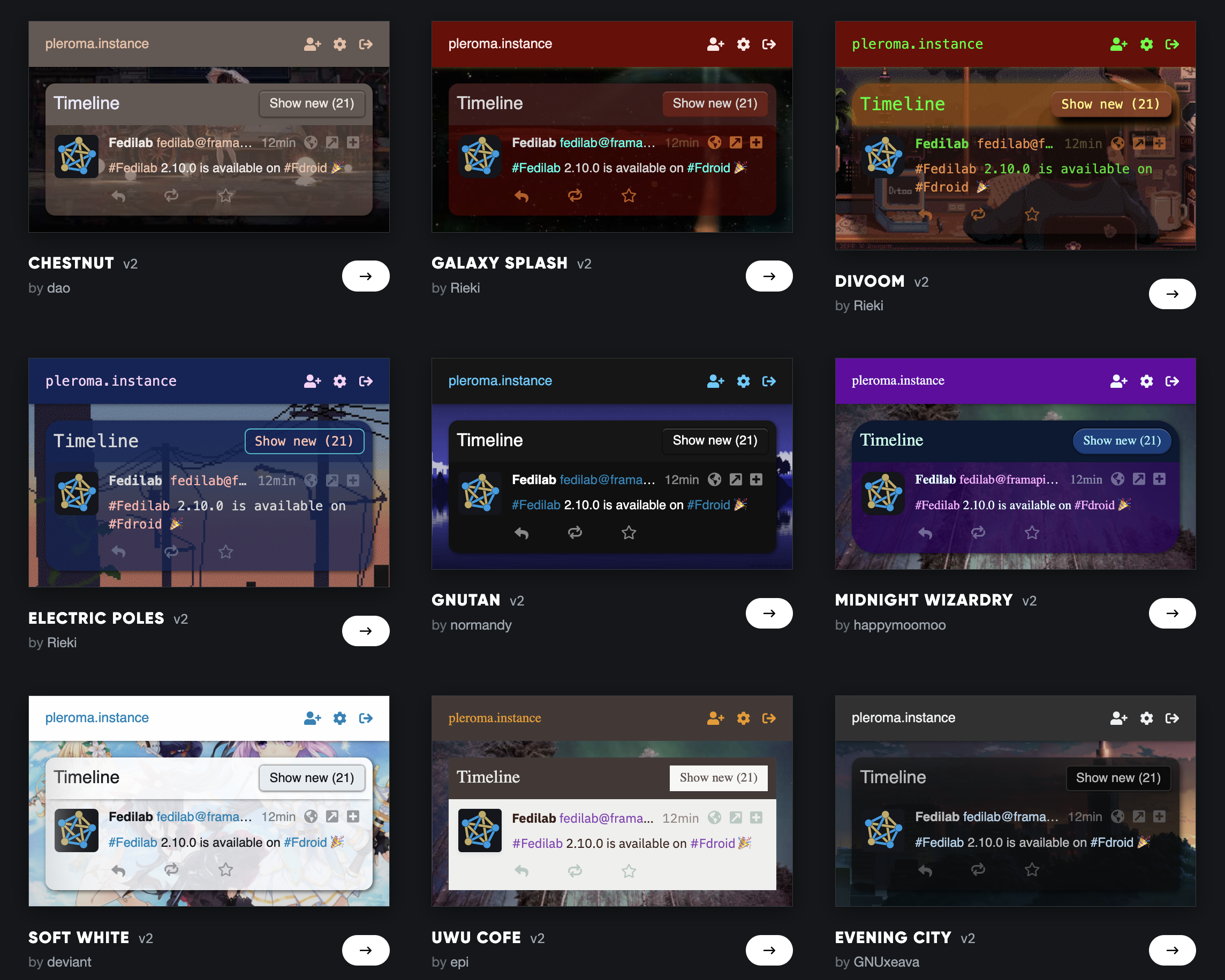 a grid of demos of 9 pleroma themes